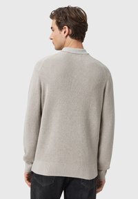 Lichtgrijze gebreide trui met een subtiele textuur, lange mouwen en een geribbelde zoom, voorzien van een kraag in polostijl en een casual silhouet.