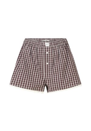 Brown and white plaid cotton boxer shorts with an elastic waistband and two front white buttons.
