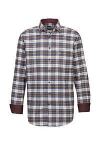 Camicia a quadri marrone, blu e bianco con colletto button-down, maniche lunghe e polsini marroni. Include un piccolo logo sul petto.