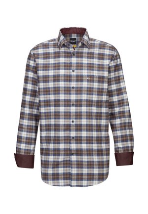 Camicia a quadri marrone, blu e bianco con colletto button-down, maniche lunghe e polsini marroni. Include un piccolo logo sul petto.