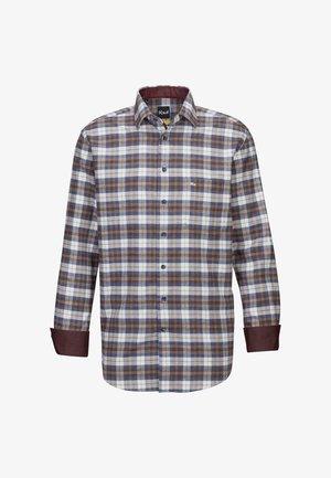 Braunes, blaues und weißes Karohemd mit Button-Down-Kragen, langen Ärmeln und braunen Manschetten. Enthält ein kleines Logo auf der Brust.