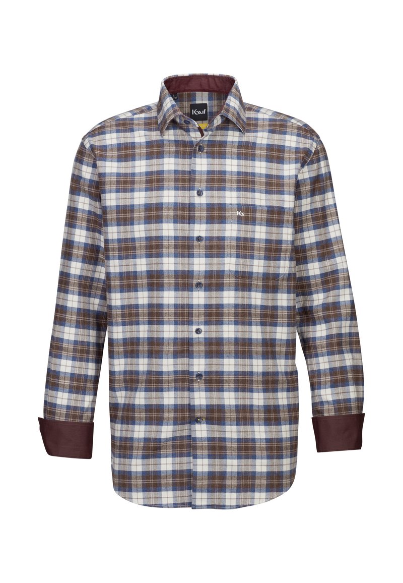 Camicia a quadri marrone, blu e bianco con colletto button-down, maniche lunghe e polsini marroni. Include un piccolo logo sul petto.