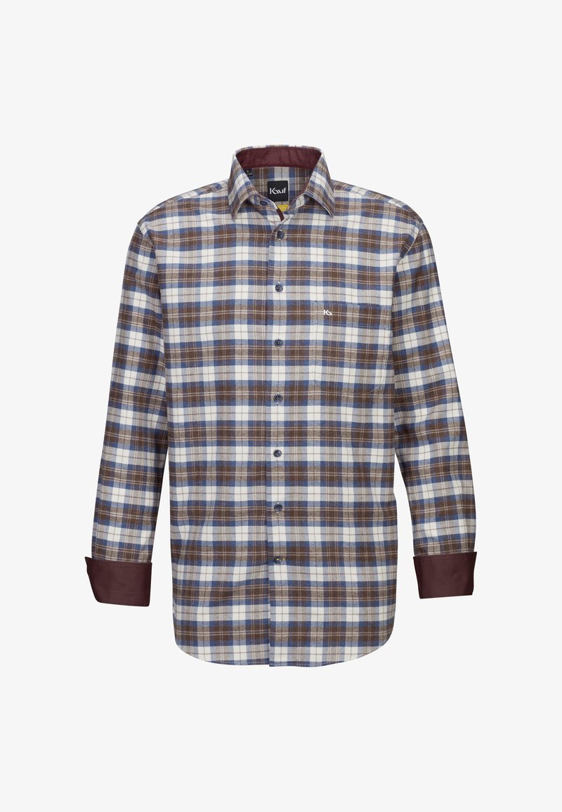 Camicia a quadri marrone, blu e bianco con colletto button-down, maniche lunghe e polsini marroni. Include un piccolo logo sul petto.