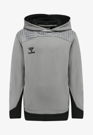 Grauer Kapuzenpullover mit strukturiertem Finish, schwarzen Akzenten und einem gepunkteten Muster auf den Schultern. Verfügt über eine Kordelzugkapuze und ein Logo.