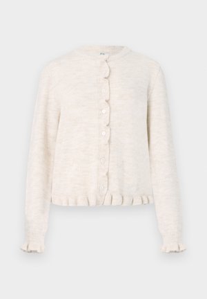 Light beige cardigan featuring a round neckline, scalloped button placket, and ruffled hem and cuffs. Made from soft, textured fabric.