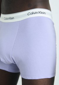 Boxer briefs de algodón morado con una textura suave y una cinturilla elástica que presenta la marca "Calvin Klein" en gris y negro.