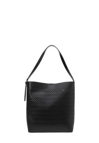 Sac à main en cuir perforé noir avec une base plate, un haut arrondi et une bandoulière unique. Présente un motif ovale découpé pour la texture.