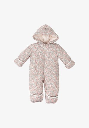 Mono de nieve con estampado floral que cuenta con capucha, cremallera frontal y ribete blanco contrastante. Forro suave, textura acolchada y relleno para mayor calidez.