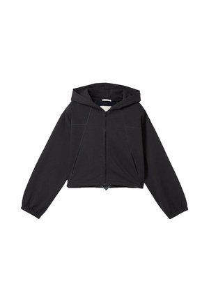 Przycięta czarna bluza z długimi rękawami, przednim zamkiem, ściągaczem u dołu i dwoma kieszeniami po bokach. Gładki materiał z widocznymi detalami szwów.