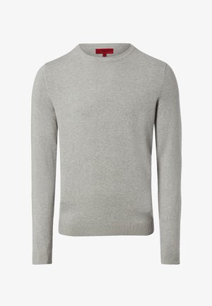 Hellgrauer Pullover mit Rundhalsausschnitt und langen Ärmeln, aus weichem Strickstoff gefertigt. Verfügt über gerippte Bündchen und Saum mit glatter Textur.