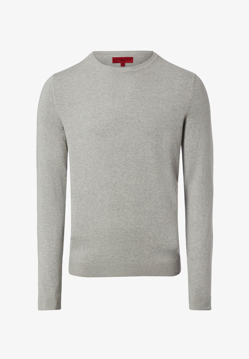 Maglione grigio chiaro con scollo rotondo e maniche lunghe, realizzato in morbido tessuto a maglia. Presenta polsini e orlo a coste con una texture liscia.