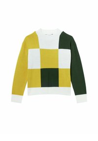 Pull en tricot avec un design en blocs de couleur jaune, blanc et vert, avec des poignets et un ourlet côtelés. Encolure ronde et coupe décontractée.