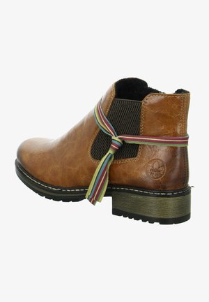 Braune Leder-Ankle-Boots mit elastischem seitlichem Einsatz, dekorativem, mehrfarbigem Band, strukturiertem Obermaterial und niedrigem Blockabsatz.