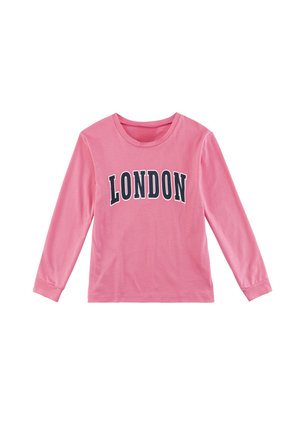 Rosa Langarm-T-Shirt aus weichem Stoff, mit strukturiertem schwarzen "LONDON"-Text über der Brust und rundem Ausschnitt.