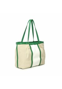Borsa tote in canvas beige con strisce bianche e verdi. Presenta dettagli in pelle verde e manici doppi. Texture liscia, forma strutturata.