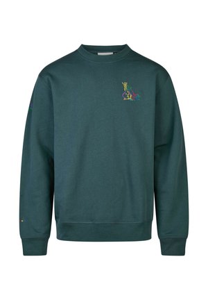 Dark green sweatshirt in cotton blend, featuring a crew neck, long sleeves, and colorful embroidered design on the chest and sleeve.