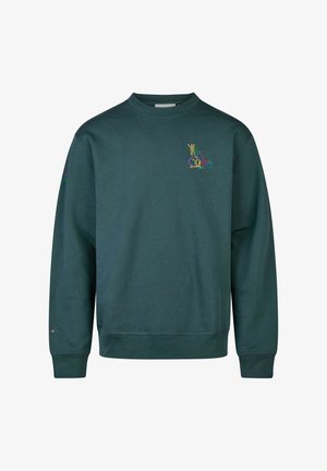 Dark green sweatshirt in cotton blend, featuring a crew neck, long sleeves, and colorful embroidered design on the chest and sleeve.