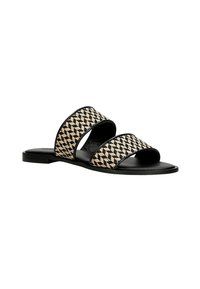 Sandali piatti con due ampie cinghie, caratterizzati da un motivo intrecciato in bianco e nero. Suola nera liscia e bordi lucidi. Design leggero.