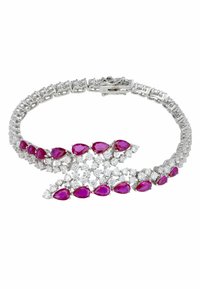 Silver bracelet with pear-shaped pink gemstones and clear diamonds, featuring a patterned design and a secure clasp.
