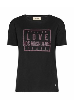 Czarny krótki T-shirt z różowym tekstem z kryształków "PASSION LOVE MOS MOSH JEANS HEART" w prostokątnym ramce na przodzie.