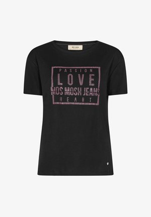T-shirt noir à manches courtes avec texte en strass rose "PASSION LOVE MOS MOSH JEANS HEART" encadré dans un rectangle sur le devant.