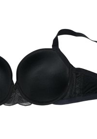 Black underwire bra with smooth padded cups, lace trim at the center, adjustable straps, and a woven fabric side panel.