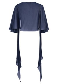 Marinefarbene, durchsichtige, kurzgeschnittene Jacke mit flatterhaften Ärmeln und langen, fließenden Bändern. Weiche Textur und leichte Materialien. Einfacher runder Ausschnitt.