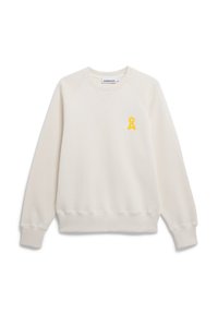 Witte sweatshirt van zachte stof met een ribbelkraag en -manchetten. Heeft een klein geel lintlogo op de linkerkant van de borst.