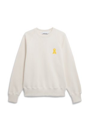 White sweatshirt in soft fabric with a ribbed neckline and cuffs. Features a small yellow ribbon logo on the left chest.