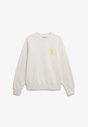 Weißes Sweatshirt aus weichem Stoff mit einem gerippten Halsausschnitt und Bündchen. Besitzt ein kleines gelbes Ripsband-Logo auf der linken Brust.