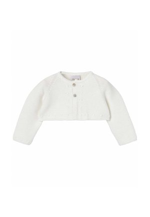 Cardigan blanc en maille pour bébé, à manches longues et deux boutons sur le devant, sur un fond uni.