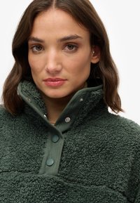 Groene fleece pullover met een hoge kraag, drukknopen sluiting en contrasterende stof bij de kraag. Zachte textuur en warm ontwerp.