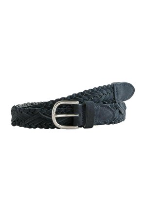 Cintura in suede nera intrecciata con fibbia in metallo argentato e punta in pelle coordinata, caratterizzata da una superficie testurizzata e un design elegante.
