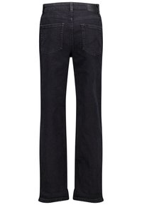 Mustat farkut suoralla lahkeella, joissa on kaksi takataskua ja teksturoitu vyötärö. Ei näkyvää brändäystä tai koristelua.