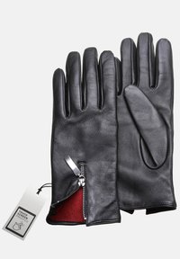 Guanti in pelle nera con zip e fodera interna rossa; progettati per l'uso con touchscreen; presentano una texture liscia e una forma aderente.