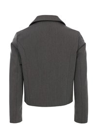 Geknipt grijze jas met een gestructureerde kraag, een gladde textuur en nauwkeurige naden. Geen zichtbare sluitingen of aanvullende details.