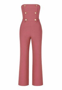 Tuta rosa polverosa a vita alta con gambe larghe, dettagli con bottoni sul corpetto aderente senza spalline e passanti per cintura in vita.