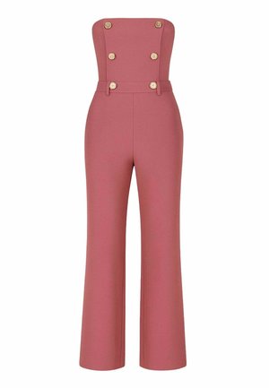 Tuta rosa polverosa a vita alta con gambe larghe, dettagli con bottoni sul corpetto aderente senza spalline e passanti per cintura in vita.