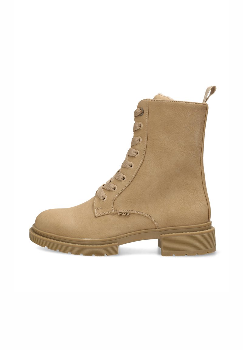 Stivale alla caviglia in pelle color cuoio con punta tonda, design con lacci, superficie testurizzata e suola in gomma resistente con tacco leggermente rialzato.