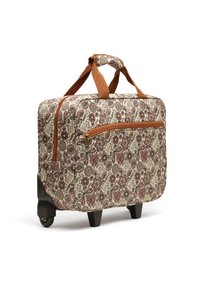 Rolltasche mit floralem Muster in Creme, Braun und Rot. Verfügt über eine Reißverschlusstasche, braune Griffe und schwarze Rollen. Strukturierte Oberfläche.