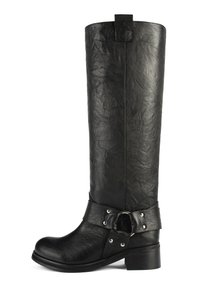 Black leather knee-high boot with a textured finish, wide calf, and a decorative belt accent featuring silver hardware. Flat heel.
