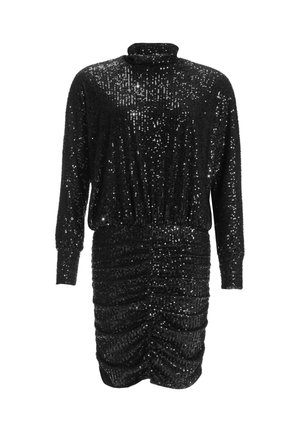 Abito nero con paillettes, maniche lunghe, colletto alto e vita arricciata. Presenta una texture scintillante e una silhouette aderente.