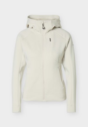 Γυναικείο ανοιχτό μπεζ φούτερ με φερμουάρ, κουκούλα, πλαϊνές τσέπες και μικρό μαύρο λογότυπο στο στήθος και το μανίκι.