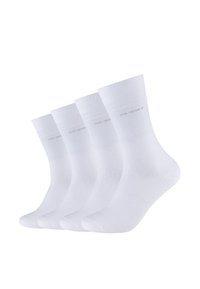 Weisse Baumwollsocken, Knöchelhöhe, vier Paare, glatte Textur, verstärkte Fußspitze, minimales Design mit dezentem Branding am Bund.