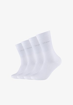 Calcetines de algodón blancos, de longitud media, cuatro pares, textura suave, puntera reforzada, diseño minimalista con un sutil logotipo cerca del puño.