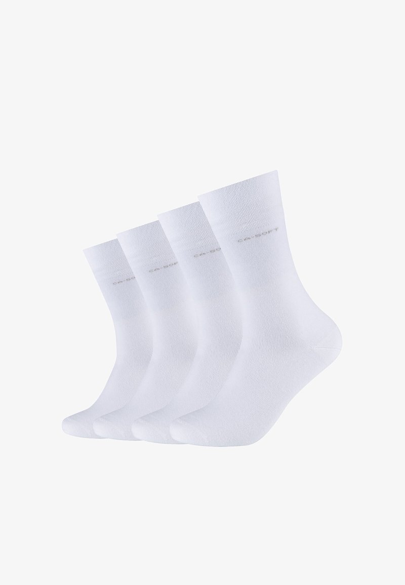 White cotton socks, crew length, four pairs, smooth texture, reinforced toe, minimal design with subtle branding near the cuff.