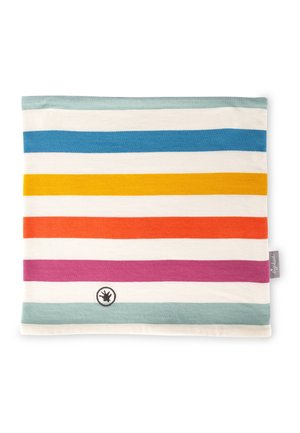 Striped fabric accessory with horizontal lines in blue, yellow, orange, purple, and white. Includes a round black logo on the front.