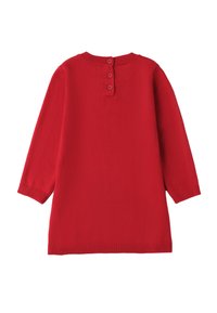 Czerwona dzianinowa sukienka z okrągłym dekoltem, trzema guzikami z tyłu oraz długimi rękawami z prążkowanymi mankietami i wykończeniem u dołu.