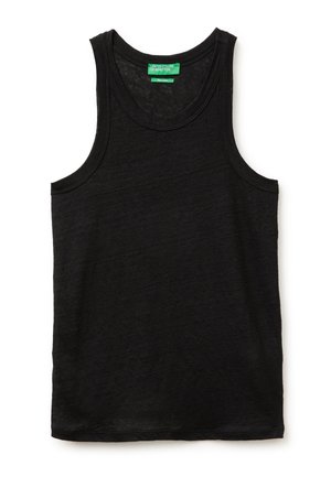 Canotta nera senza maniche realizzata in tessuto leggero con scollo rotondo e etichetta verde United Colors of Benetton all'interno del colletto.
