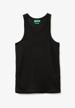 Czarny bezrękawnik wykonany z lekkiego materiału, z okrągłym dekoltem i zieloną metką United Colors of Benetton wewnątrz kołnierza.